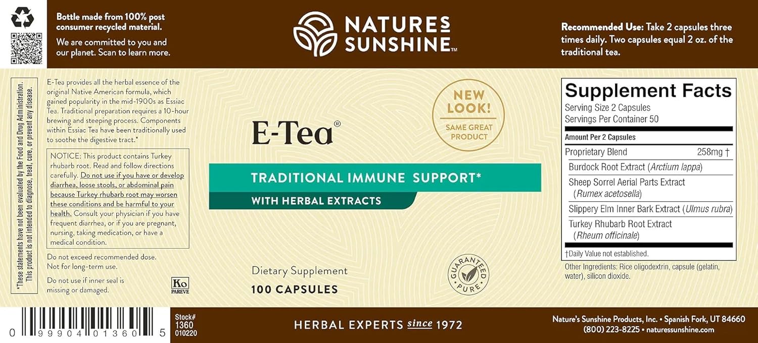 100 Count NATURE'S SUNSHINE E-Tea Capsules for Natural Health Boost