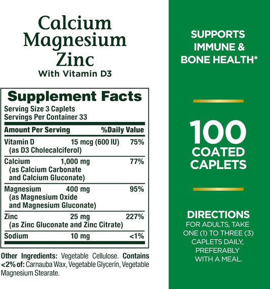 100 Count Pack of 2 Nature's Bounty Calcium Magnesium Zinc Caplets for Bone Health & Immune Support