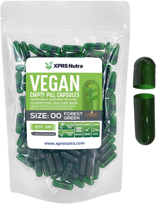 100 Count XPRS Nutra Size 00 Empty Vegan Capsules for DIY Vegetable Capsule Filling - Forest Green Veggie Pill Caps
