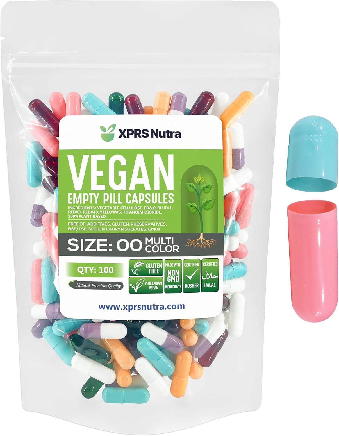 100 Count XPRS Nutra Size 00 Empty Vegan Capsules - DIY Vegetable Capsule Filling Kit - Vegetarian Pill Capsules - Multi Color Veggie Caps