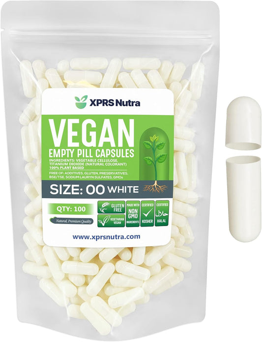 100 Count XPRS Nutra Size 00 White Vegan Vegetarian Empty Pill Capsules for DIY Vegetable Filling