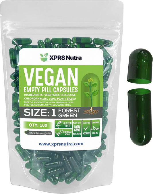 100 Count XPRS Nutra Size 1 Empty Vegan Capsules for DIY Vegetable Filling - Forest Green Vegetable Pill Caps