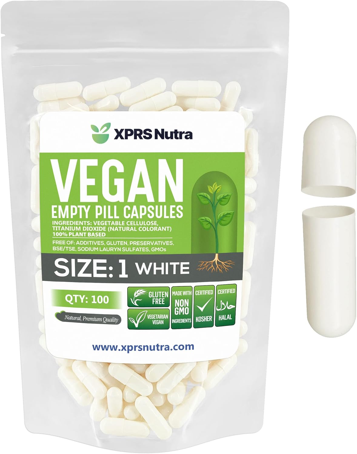 100 Count XPRS Nutra Size 1 Empty Vegan Capsules for DIY Vegetable Filling