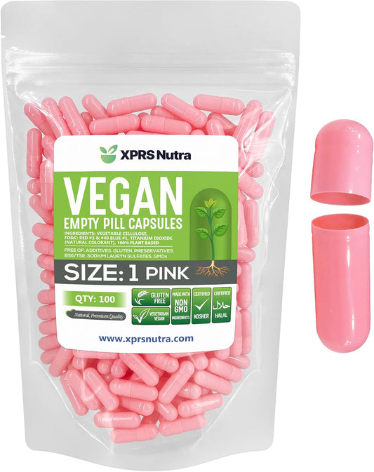 100 Count XPRS Nutra Size 1 Empty Vegan Capsules for DIY Vegetable Capsule Filling - Vegetarian Pill Caps (Pink)