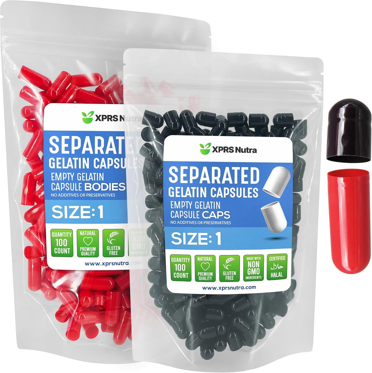 100 Count XPRS Nutra Size 1 Gelatin Empty Pill Capsules in Bags - Black/Red Color - DIY Supplement Filling