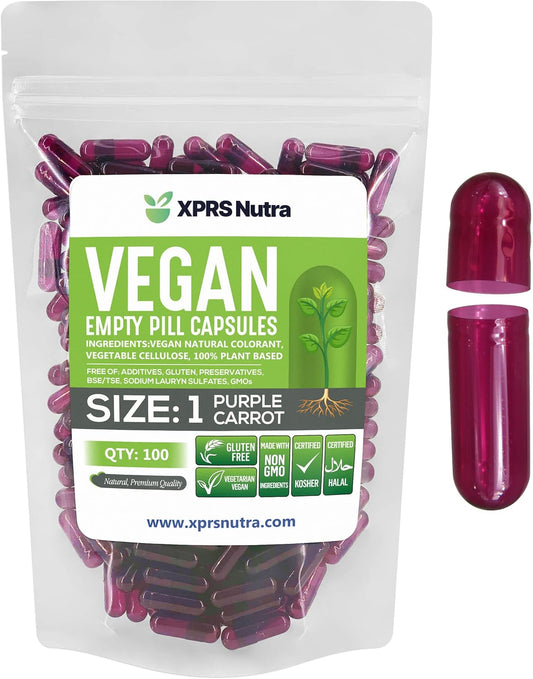 100 Count XPRS Nutra Size 1 Purple Carrot Vegan Empty Capsules for DIY Vegetable Filling