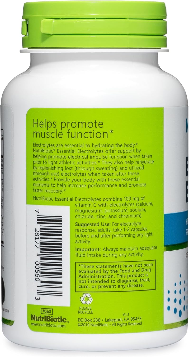 100 Ct NutriBiotic Essential Electrolyte Capsules for Performance & Recovery | Pharmaceutical Grade Vitamin C with Electrolytes for Rehydration | Vegan, Gluten-Free & Non-GMO
