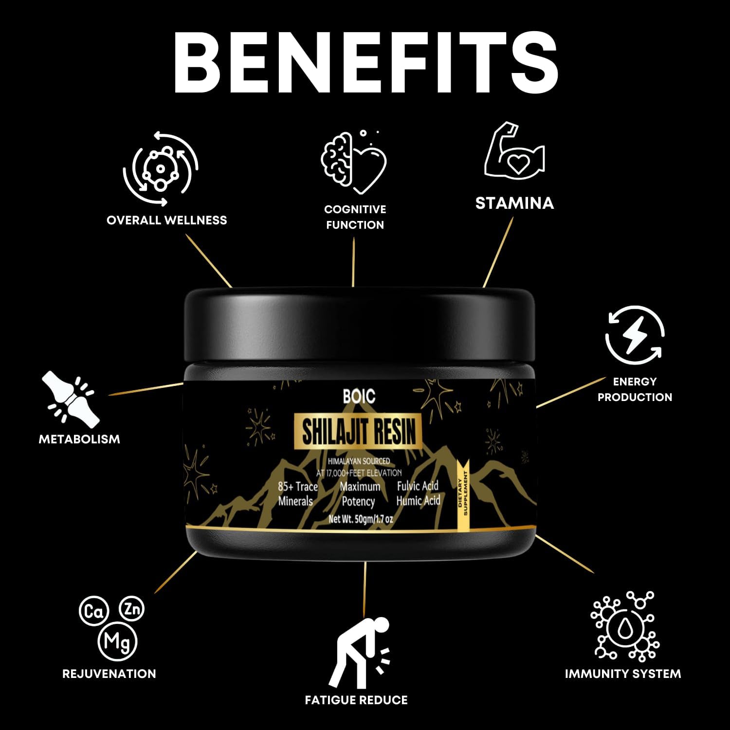 100-Day Supply of BOIC Pure Black Himalayan Shilajit Resin for Energy and Immune Support - 50g / 1.7oz