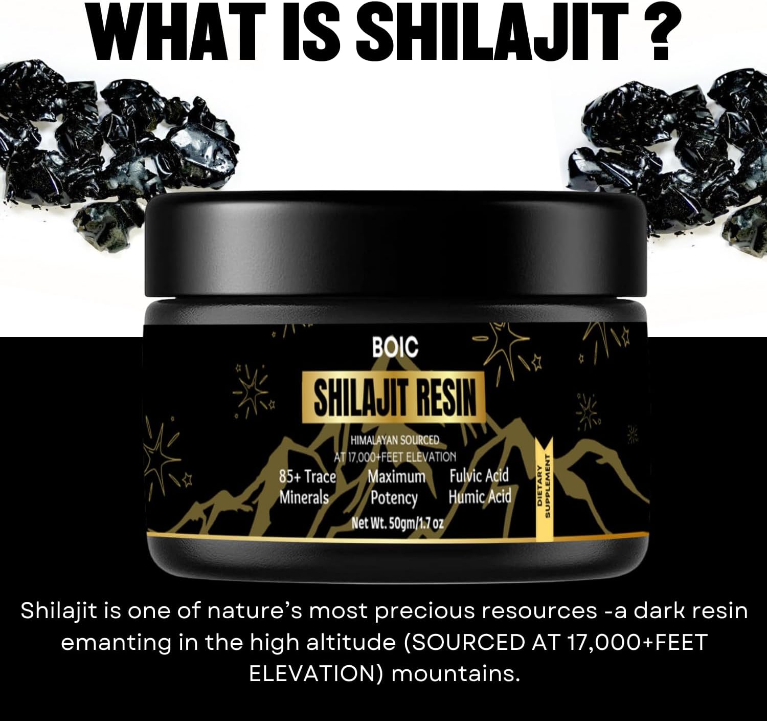 100-Day Supply of BOIC Pure Black Himalayan Shilajit Resin for Energy and Immune Support - 50g / 1.7oz