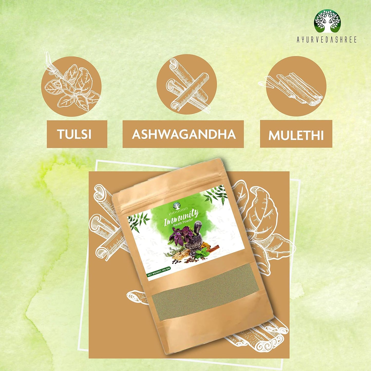 100 Gm AYURVEDASHREE Immunity Kwath with Natural Giloy, Ashwagandha, Mulethi - Herbal Kadha