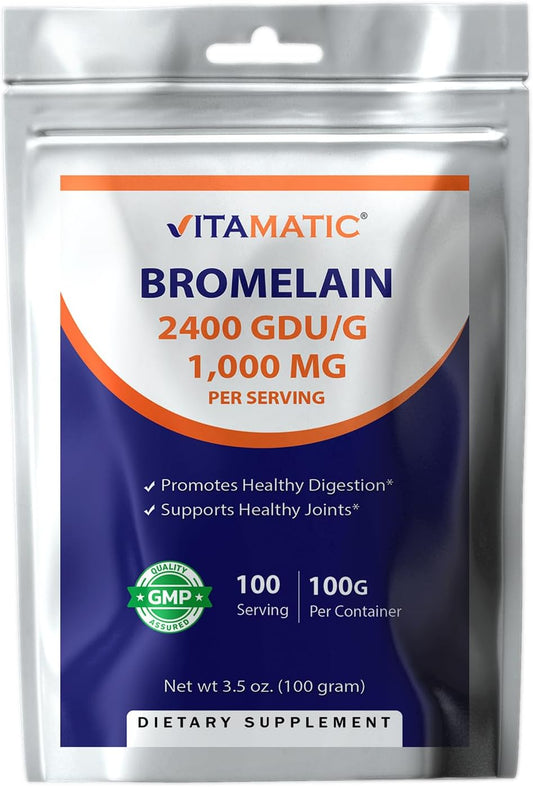 100 Grams of Vitamatic Bromelain Powder - 2400 GDU/g, 1000mg per Serving, Proteolytic Enzymes for Protein Digestion - 100 Servings with Scoop