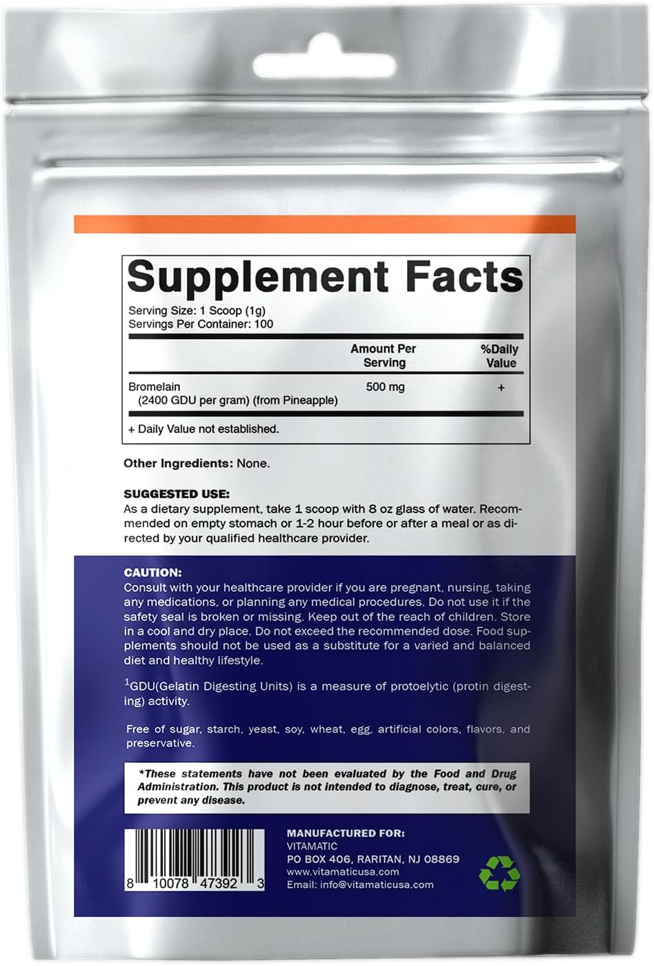 100 Grams of Vitamatic Bromelain Powder - 2400 GDU/g, 1000mg per Serving, Proteolytic Enzymes for Protein Digestion - 100 Servings with Scoop