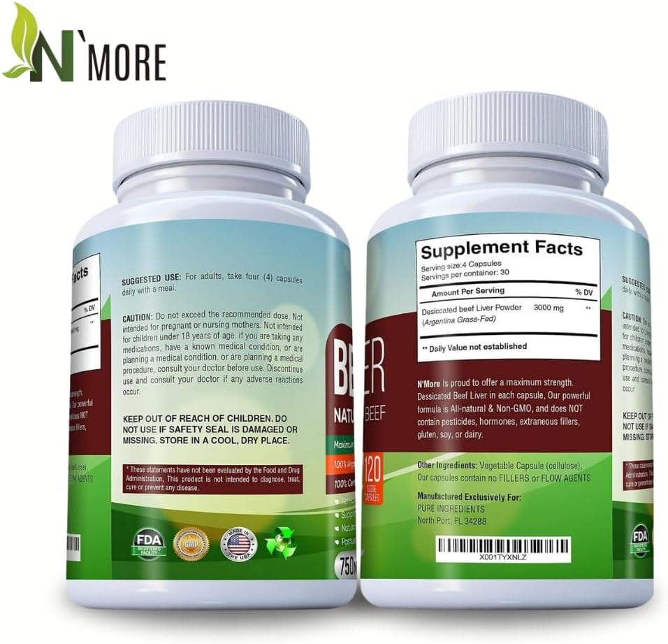 100% Grass Fed Argentine Beef Liver Capsules, 120 Capsules, 750mg - Natural Undefatted Liver Supplements