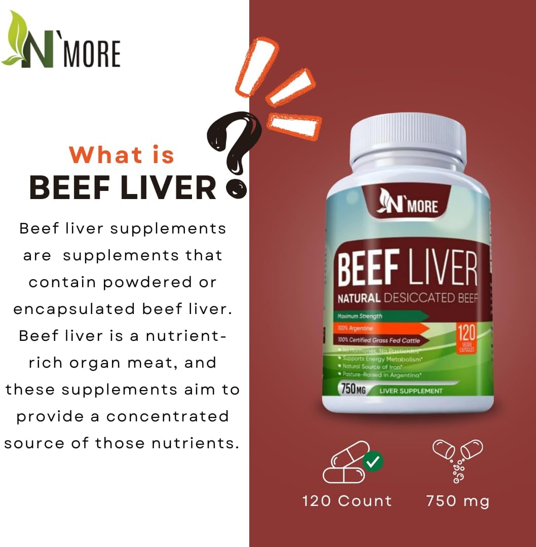 100% Grass Fed Argentine Beef Liver Capsules, 120 Capsules, 750mg - Natural Undefatted Liver Supplements