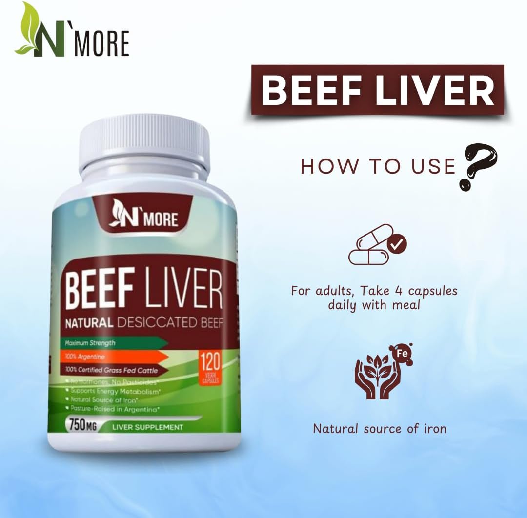 100% Grass Fed Argentine Beef Liver Capsules, 120 Capsules, 750mg - Natural Undefatted Liver Supplements