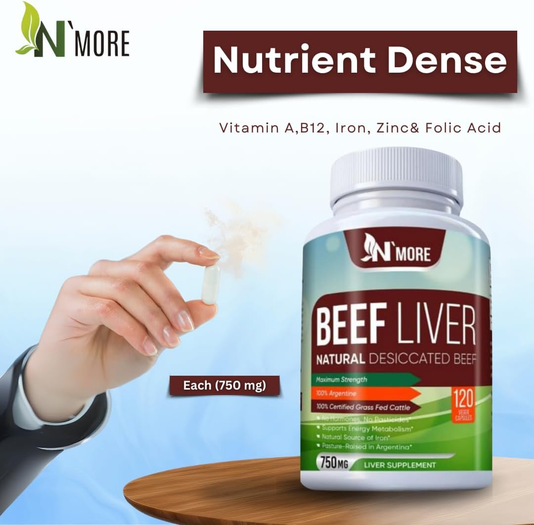 100% Grass Fed Argentine Beef Liver Capsules, 120 Capsules, 750mg - Natural Undefatted Liver Supplements