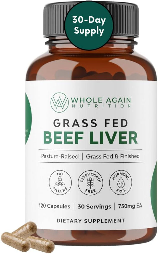 100% Grass Fed Beef Liver Capsules - 120 Count - 3,000mg - Iron & Energy - Desiccated Liver Supplement - Pasture Raised - No Fillers