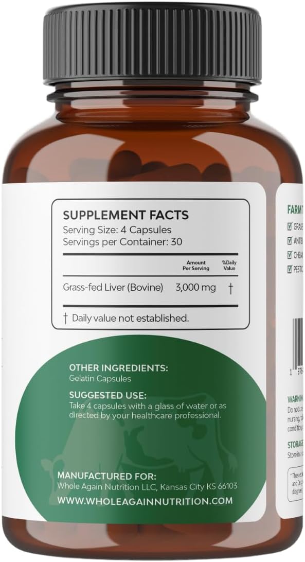 100% Grass Fed Beef Liver Capsules - 120 Count - 3,000mg - Iron & Energy - Desiccated Liver Supplement - Pasture Raised - No Fillers