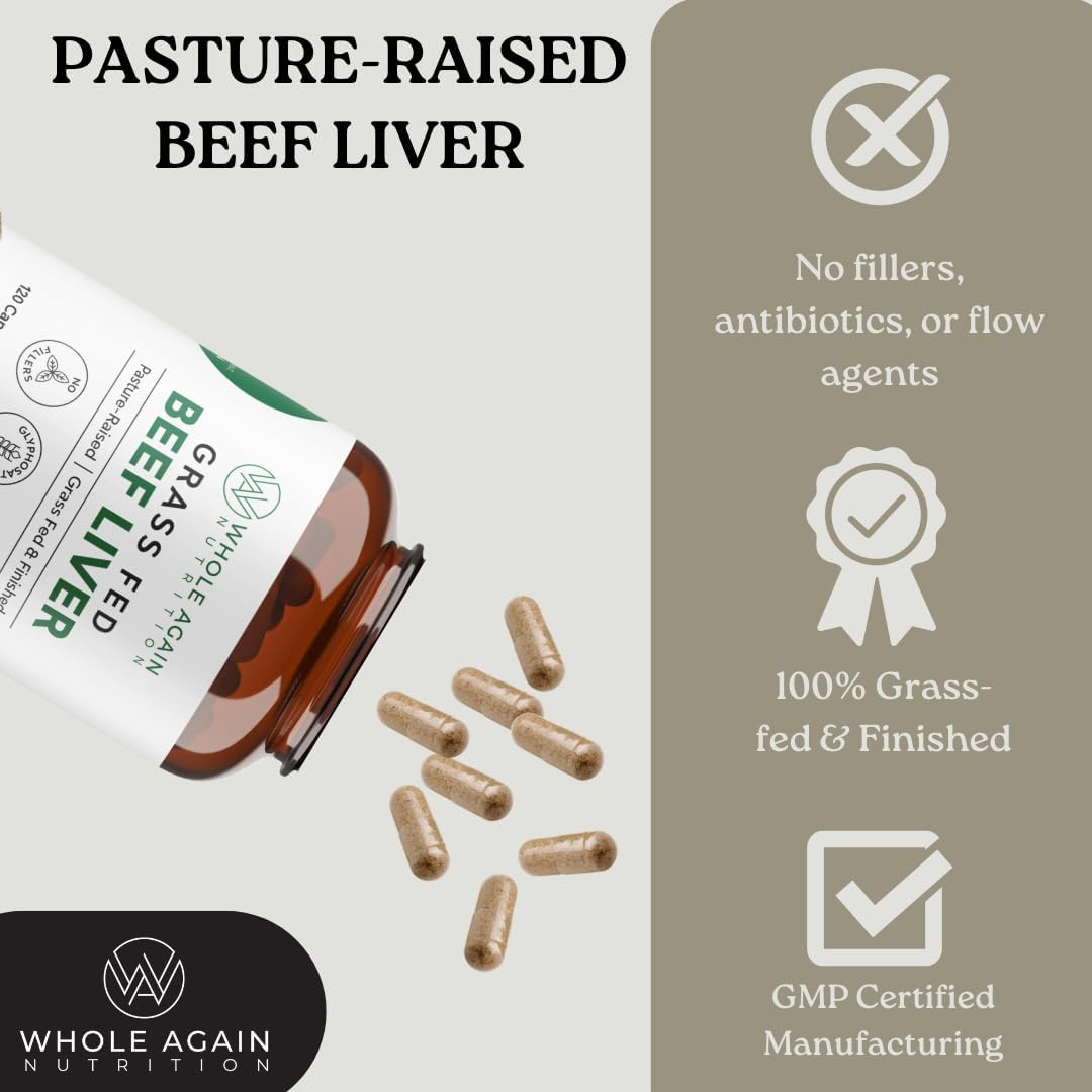 100% Grass Fed Beef Liver Capsules - 120 Count - 3,000mg - Iron & Energy - Desiccated Liver Supplement - Pasture Raised - No Fillers