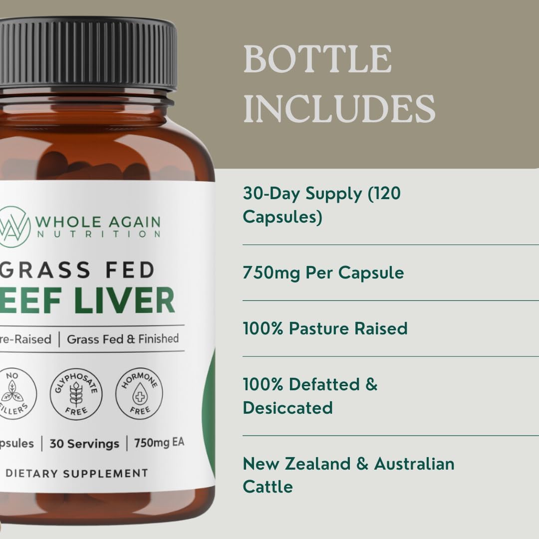 100% Grass Fed Beef Liver Capsules - 120 Count - 3,000mg - Iron & Energy - Desiccated Liver Supplement - Pasture Raised - No Fillers