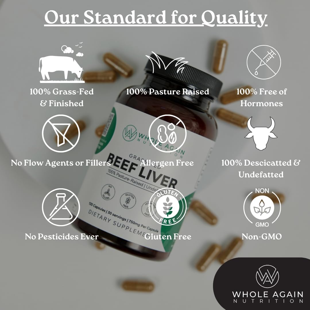 100% Grass Fed Beef Liver Capsules - 120 Count - 3,000mg - Iron & Energy - Desiccated Liver Supplement - Pasture Raised - No Fillers