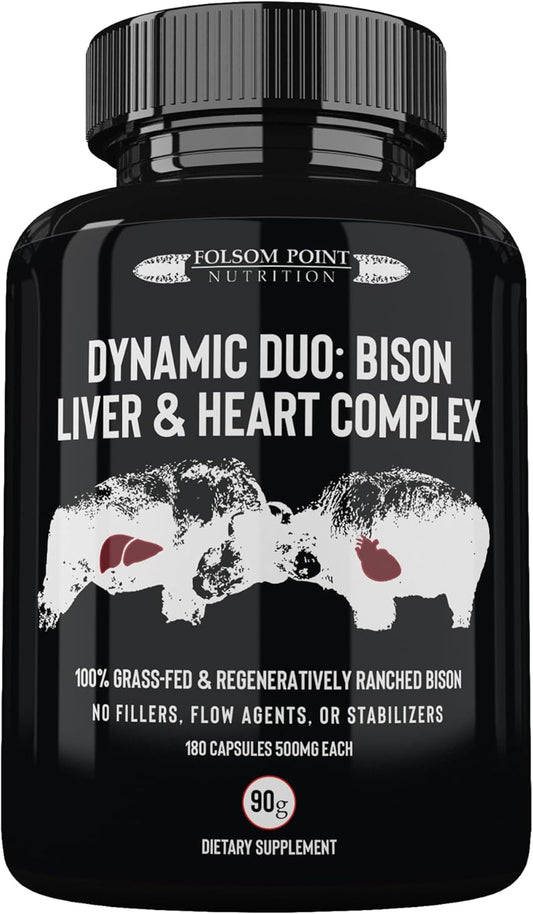 100% Grass-Fed Bison Liver & Heart Complex Supplement | Desiccated Pill | Made in USA | Single Bottle of Folsom Point Nutrition Dynamic Duo