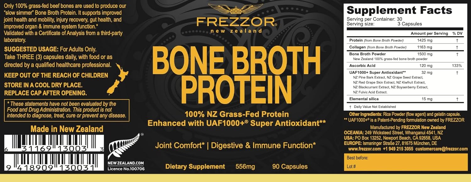 100% Grass-Fed New Zealand Cattle Bone Broth Protein Capsules for Joint, Skin & Hair Support - Amino Acids & Anti-Aging - 90 Capsules (2 Pack)