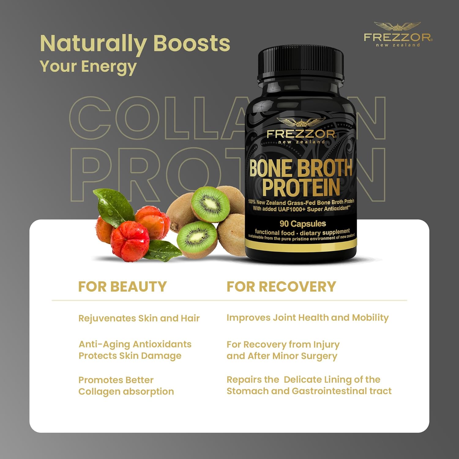 100% Grass-Fed New Zealand Cattle Bone Broth Protein Capsules for Joint, Skin & Hair Support - Amino Acids & Anti-Aging - 90 Capsules (2 Pack)