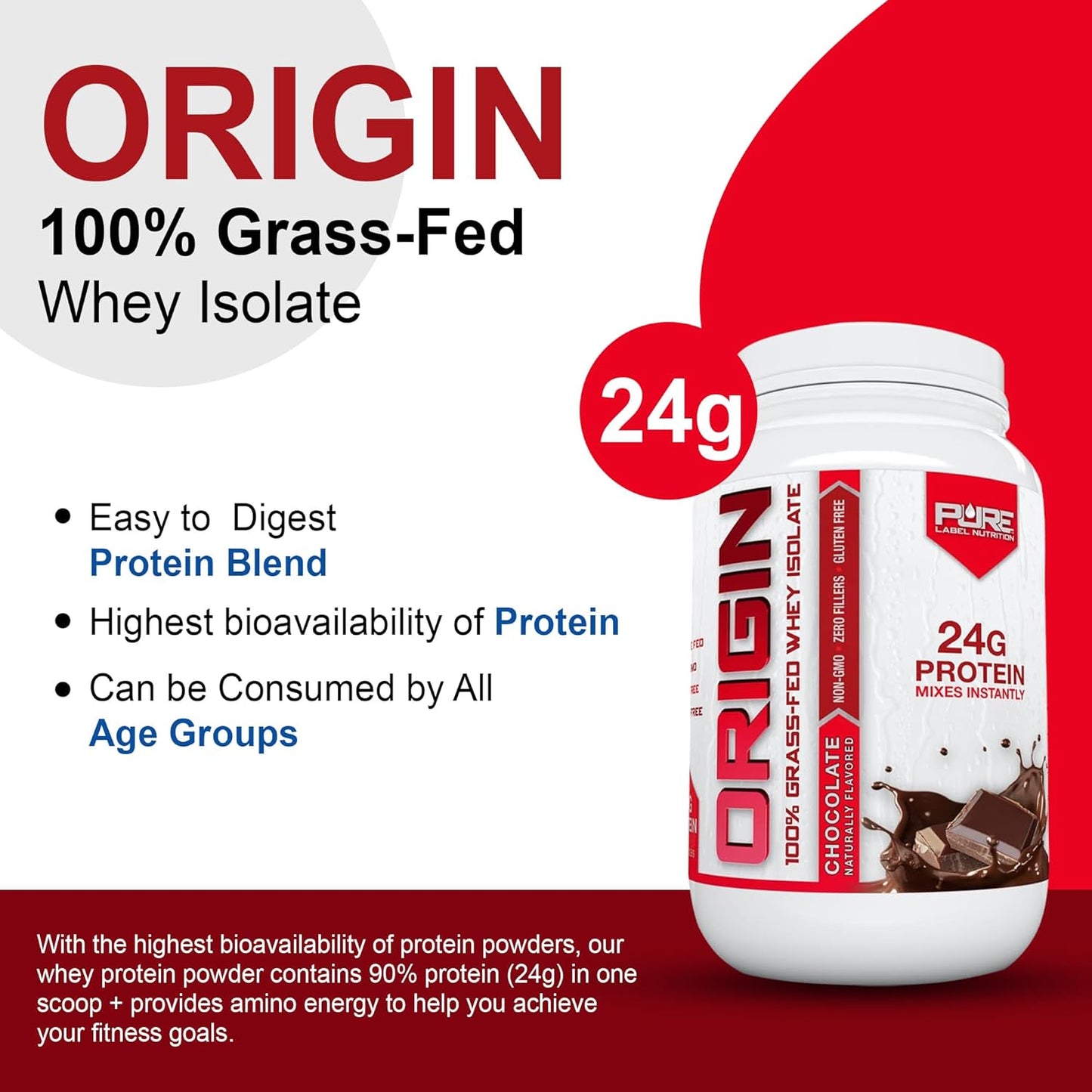 100% Grass-Fed Whey Protein Isolate in Chocolate Flavor - 2lb by Pure Label Nutrition