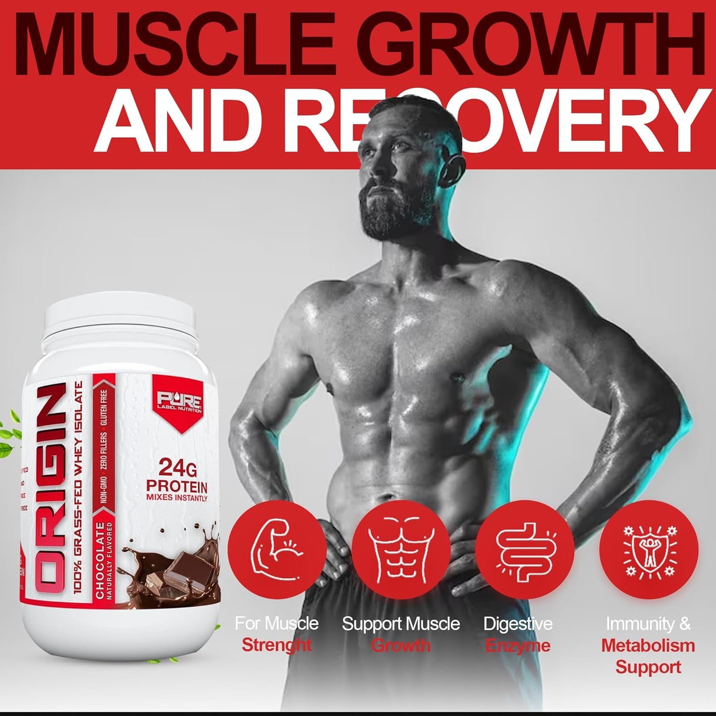 100% Grass-Fed Whey Protein Isolate in Chocolate Flavor - 2lb by Pure Label Nutrition