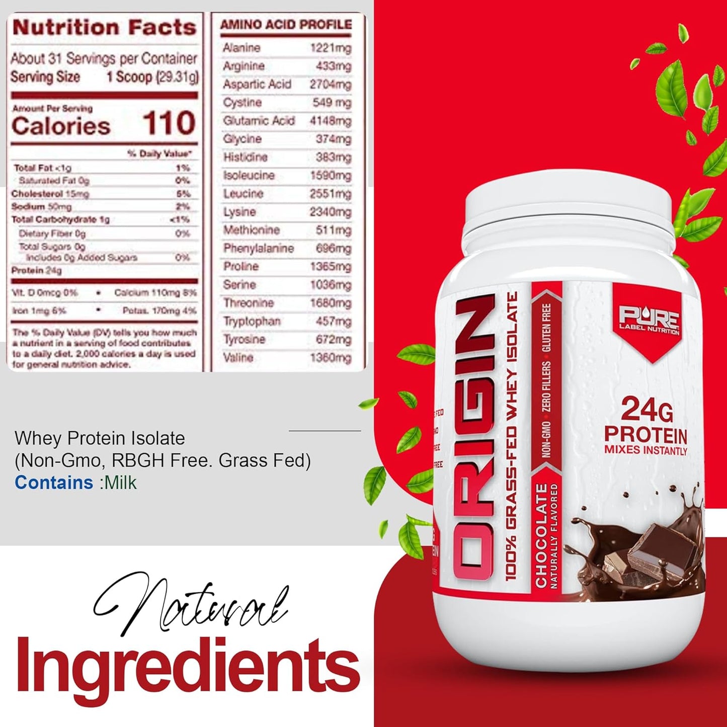 100% Grass-Fed Whey Protein Isolate in Chocolate Flavor - 2lb by Pure Label Nutrition