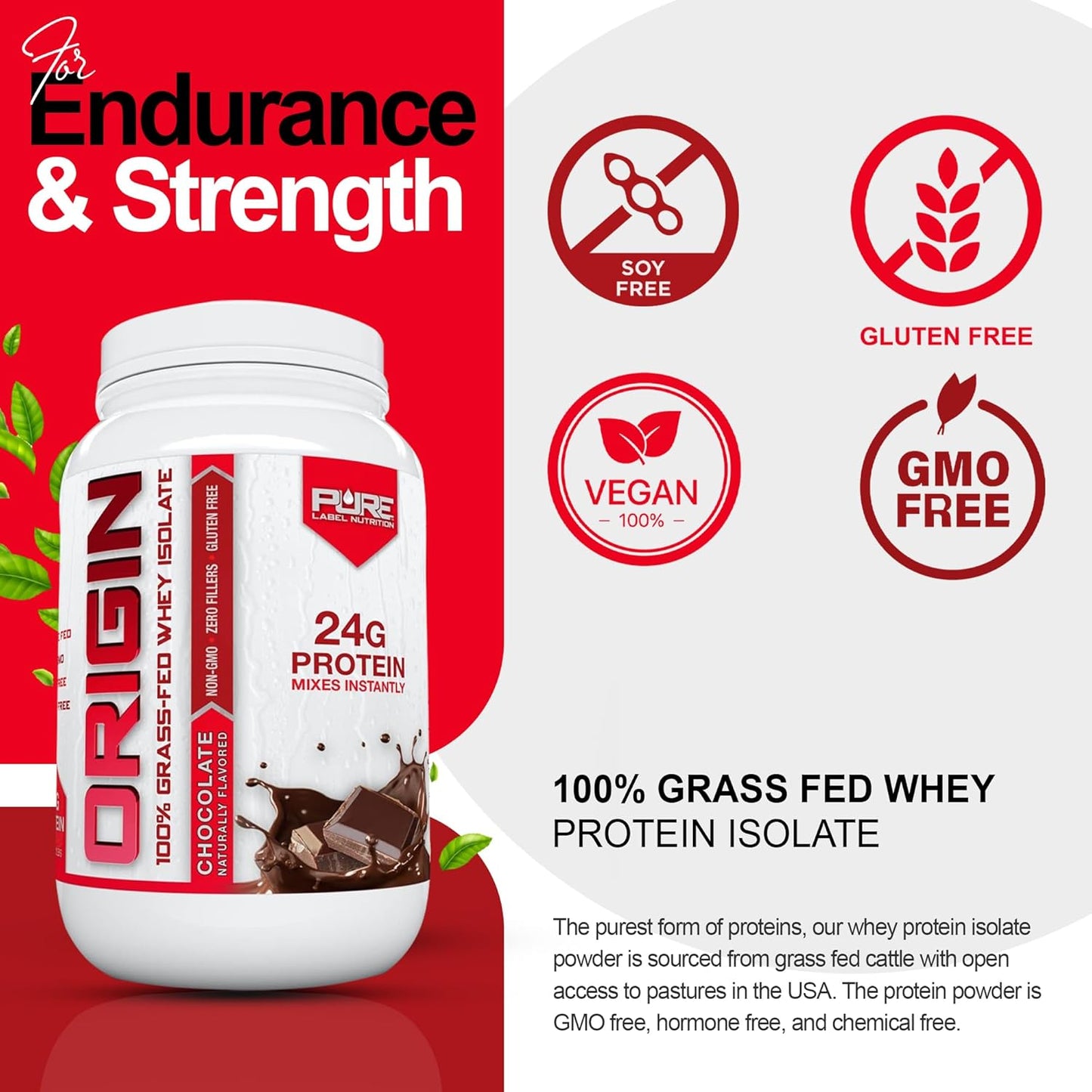 100% Grass-Fed Whey Protein Isolate in Chocolate Flavor - 2lb by Pure Label Nutrition