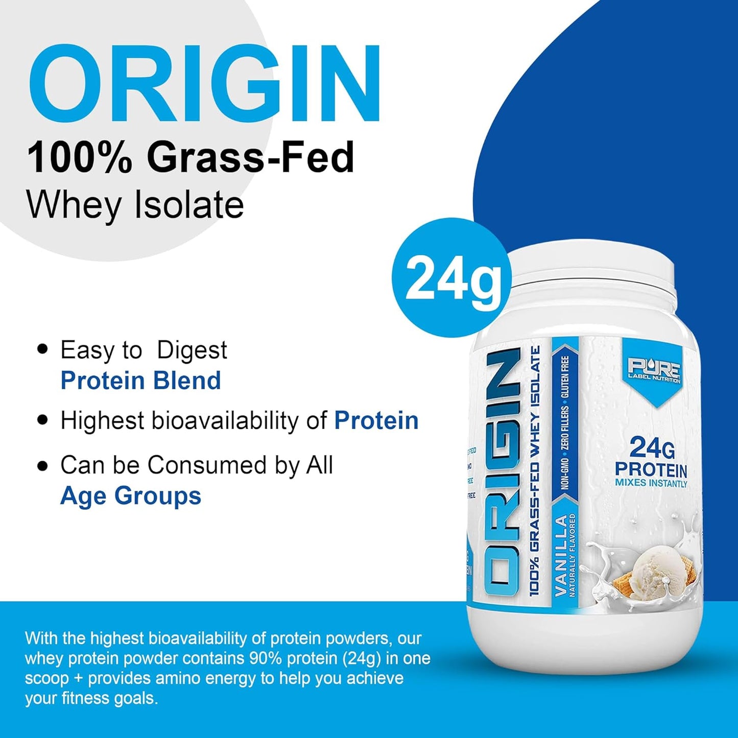 100% Grass-Fed Whey Protein Isolate in Vanilla Flavor - High Protein, Low Carb - 2lb by Pure Label Nutrition