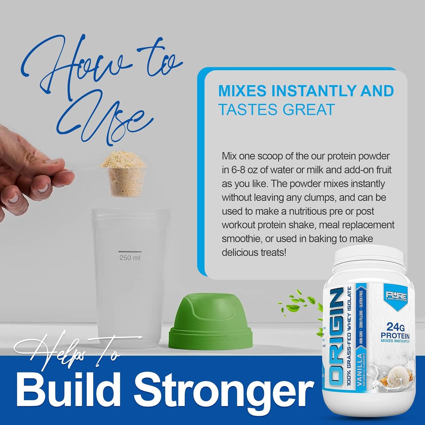 100% Grass-Fed Whey Protein Isolate in Vanilla Flavor - High Protein, Low Carb - 2lb by Pure Label Nutrition