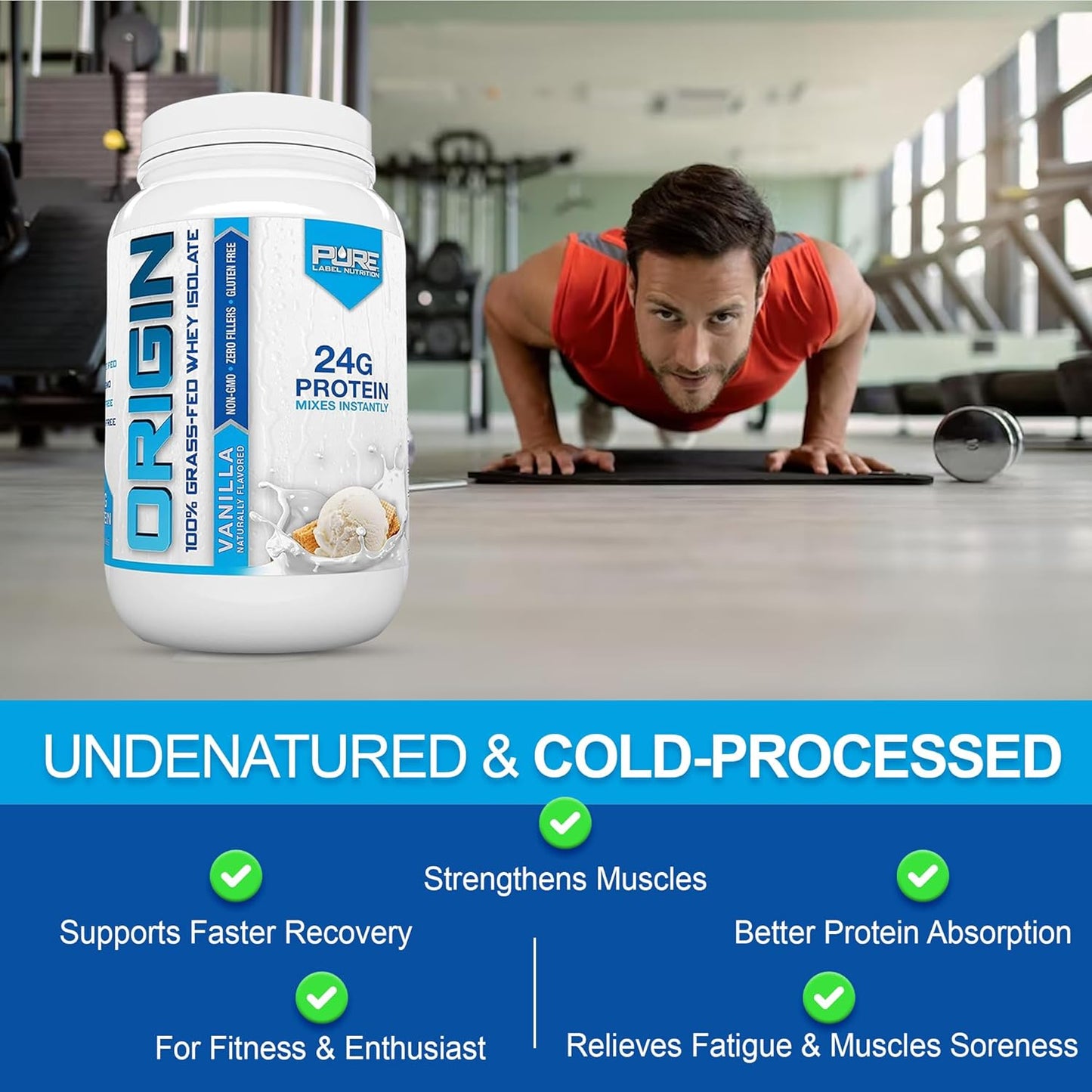 100% Grass-Fed Whey Protein Isolate in Vanilla Flavor - High Protein, Low Carb - 2lb by Pure Label Nutrition
