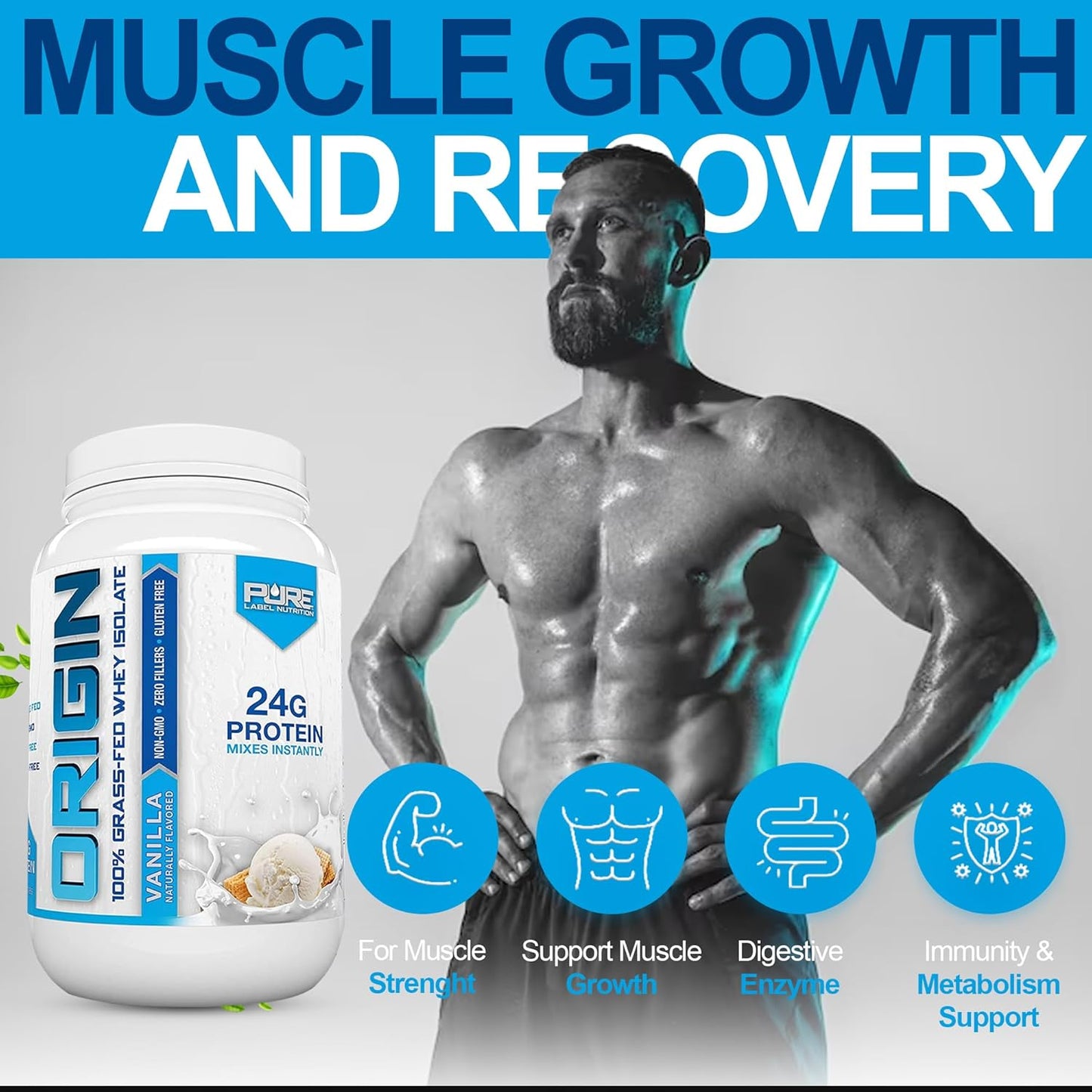 100% Grass-Fed Whey Protein Isolate in Vanilla Flavor - High Protein, Low Carb - 2lb by Pure Label Nutrition