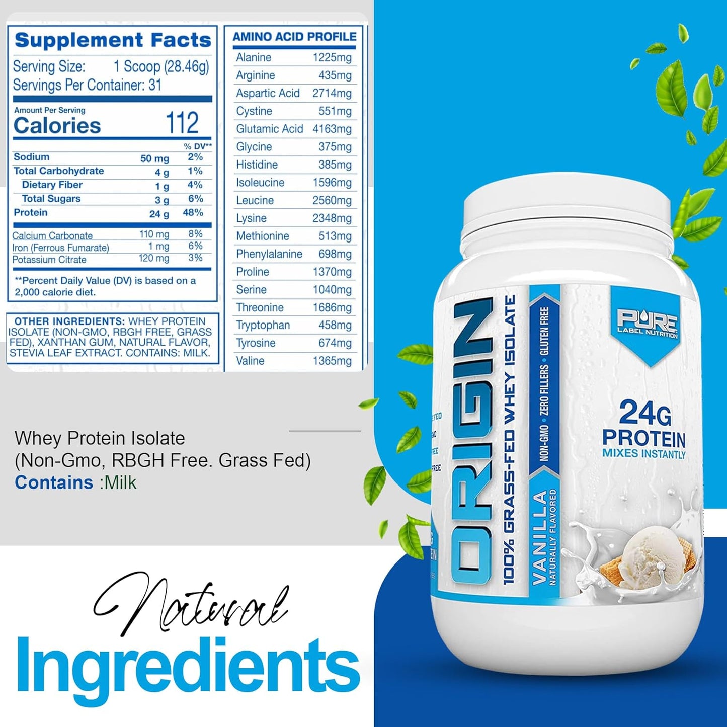 100% Grass-Fed Whey Protein Isolate in Vanilla Flavor - High Protein, Low Carb - 2lb by Pure Label Nutrition