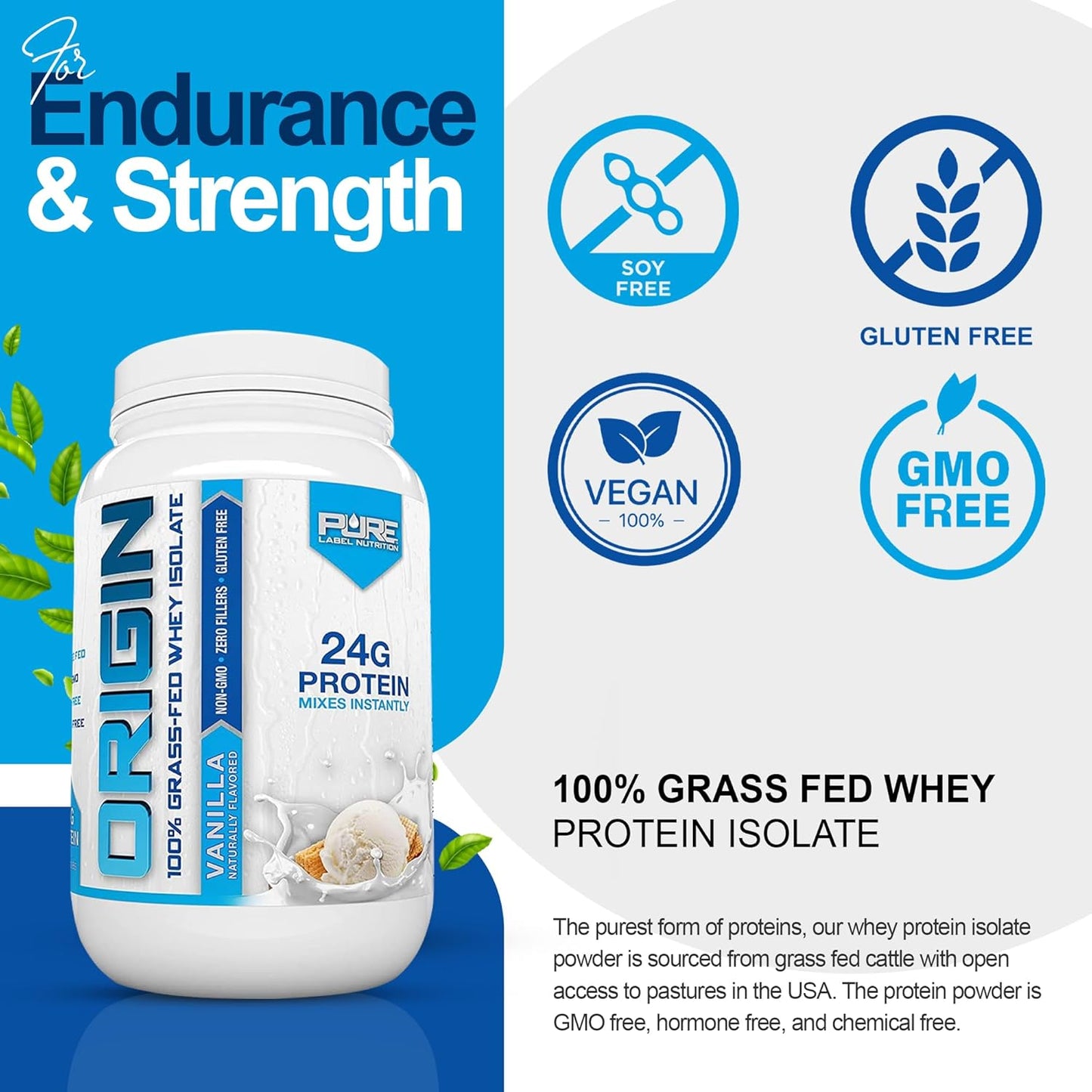 100% Grass-Fed Whey Protein Isolate in Vanilla Flavor - High Protein, Low Carb - 2lb by Pure Label Nutrition