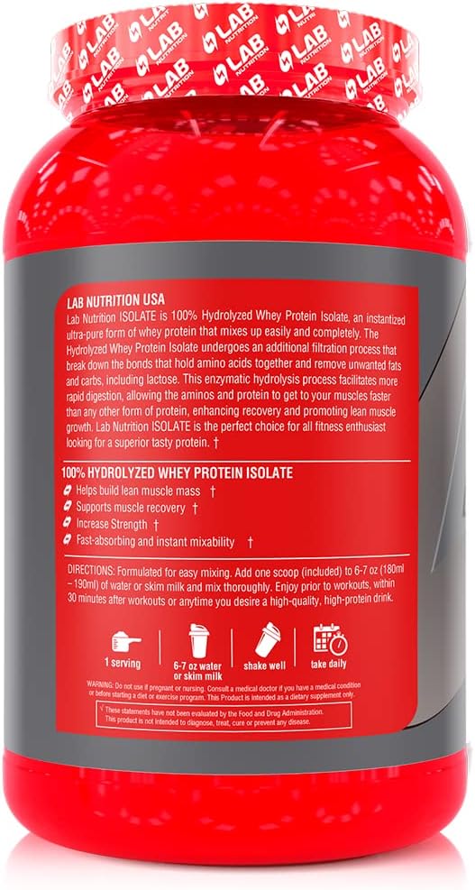 100% Hydrolyzed Whey Protein Isolate Powder - Vanilla Flavored, Lean Muscle Building, Gluten & Sugar Free, 29 Servings, 2lbs