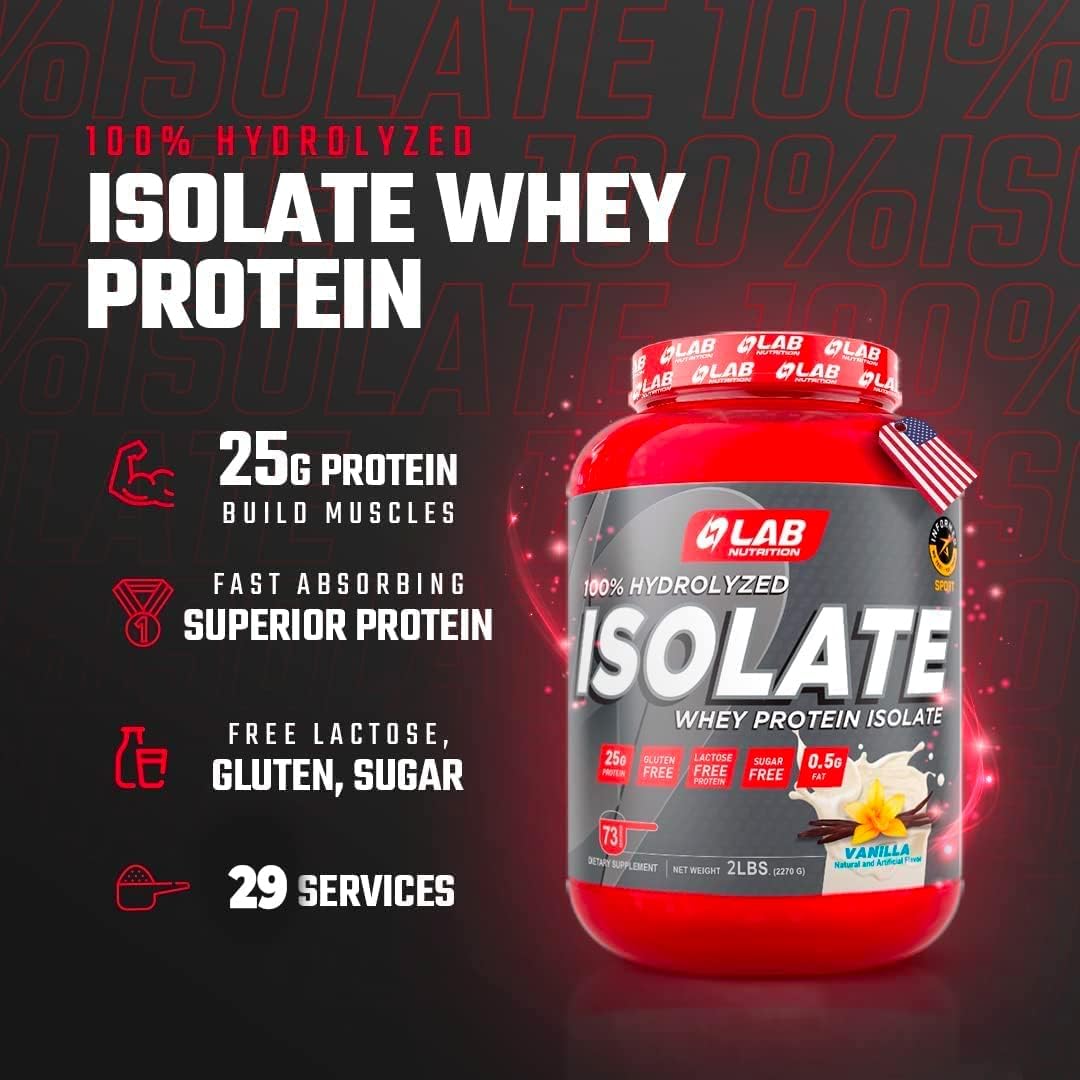 100% Hydrolyzed Whey Protein Isolate Powder - Vanilla Flavored, Lean Muscle Building, Gluten & Sugar Free, 29 Servings, 2lbs