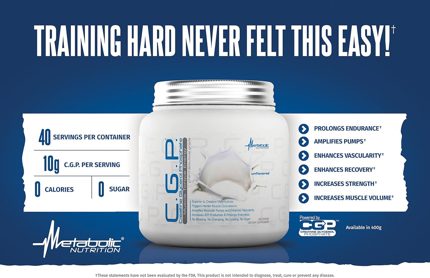100% Micronized Creatine Powder for Pre, Intra, and Post Workout - 400g Unflavored CGP Supplement by Metabolic Nutrition