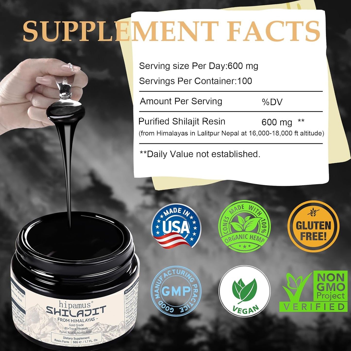 100% Natural 600mg Pure Himalayan Organic Shilajit Resin - Gold Grade Supplement for Energy, Strength, and Immune Support - 50g with Fulvic Acid & 85+ Trace Minerals