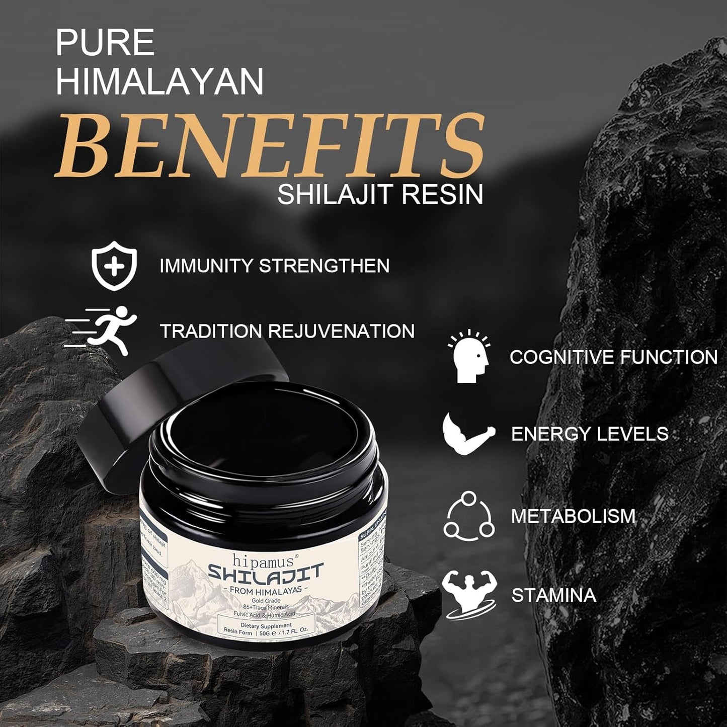 100% Natural 600mg Pure Himalayan Organic Shilajit Resin - Gold Grade Supplement for Energy, Strength, and Immune Support - 50g with Fulvic Acid & 85+ Trace Minerals