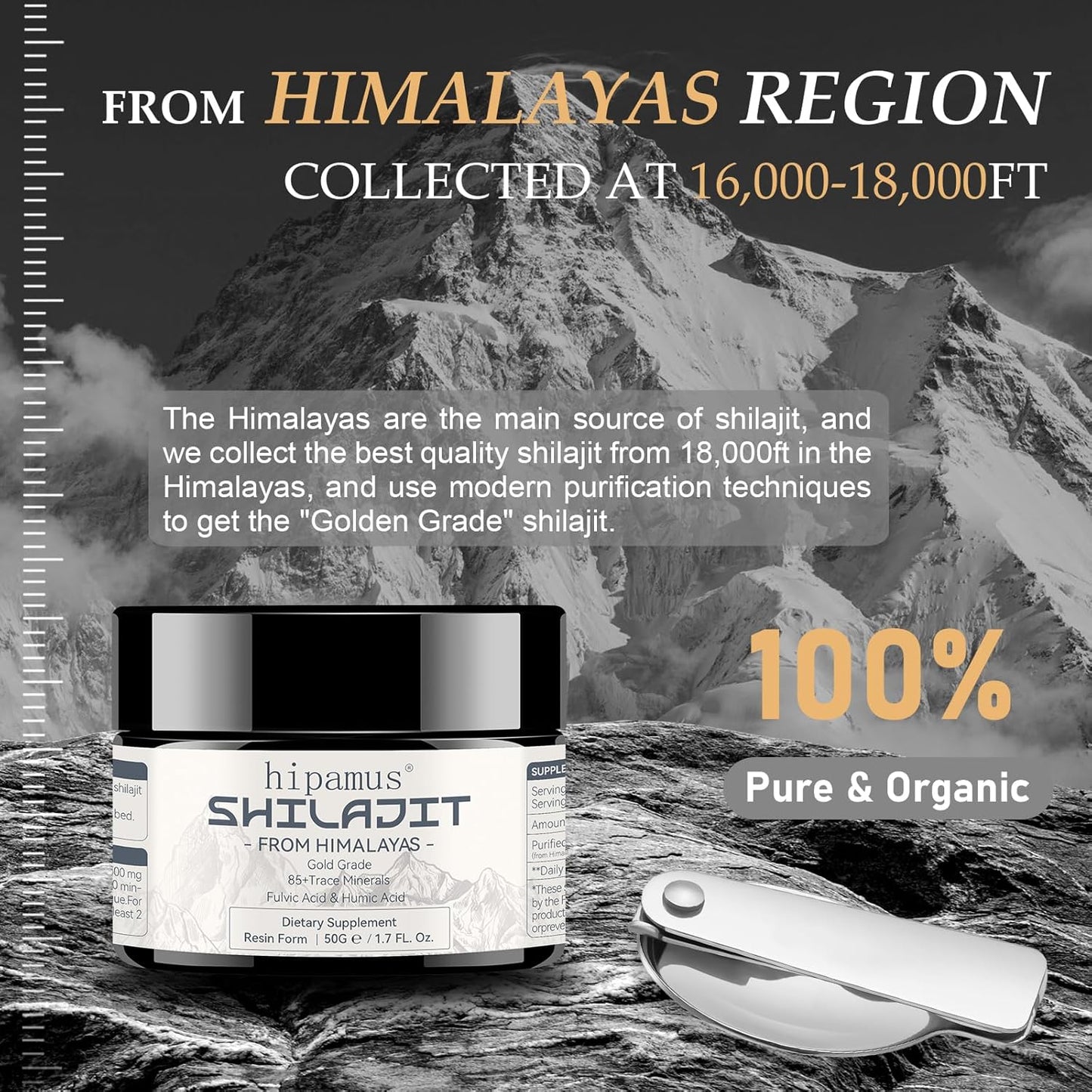 100% Natural 600mg Pure Himalayan Organic Shilajit Resin - Gold Grade Supplement for Energy, Strength, and Immune Support - 50g with Fulvic Acid & 85+ Trace Minerals