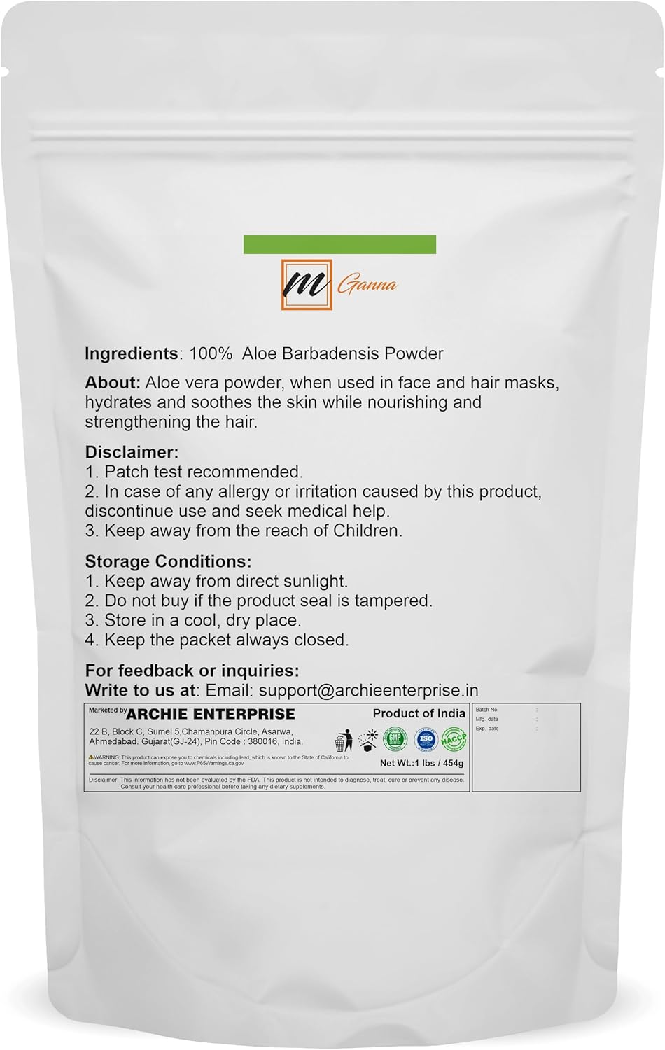 100% Natural Aloe Vera Leaf Powder - Pure Aloe Barbadensis - 1 LB / 454 Grams Powder