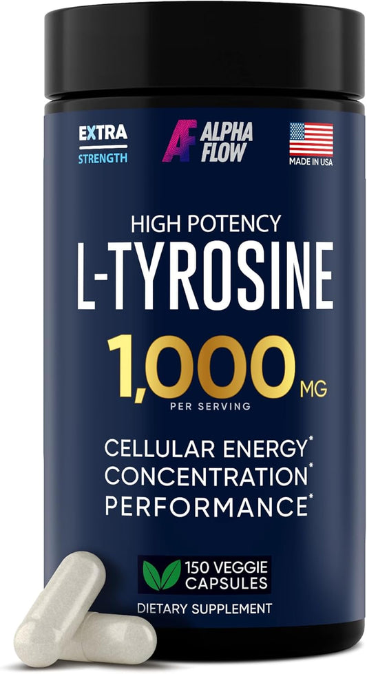100% Natural Alpha Flow L Tyrosine Capsules for Energy & Focus - 150 Vegan Caps, Non-GMO, Gluten-Free - 1000MG Formula (500mg x 2)