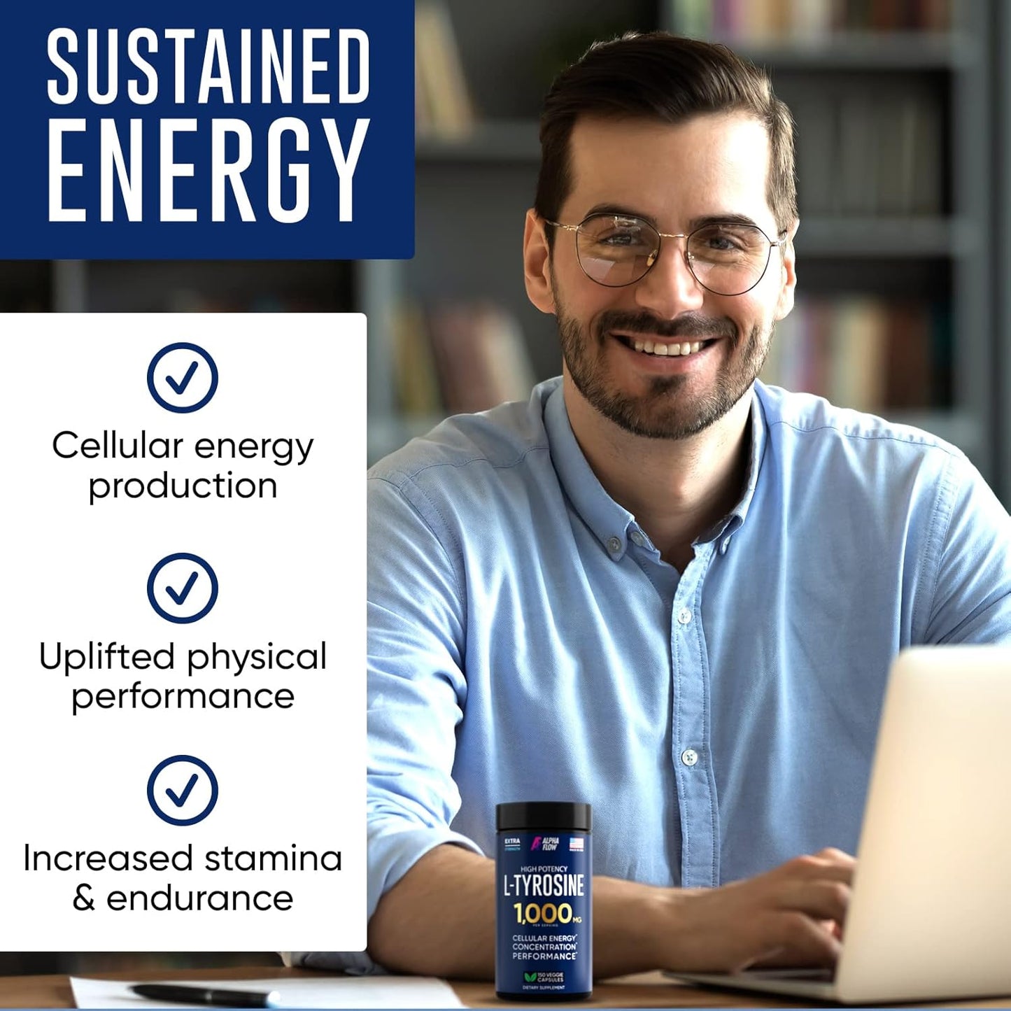 100% Natural Alpha Flow L Tyrosine Capsules for Energy & Focus - 150 Vegan Caps, Non-GMO, Gluten-Free - 1000MG Formula (500mg x 2)