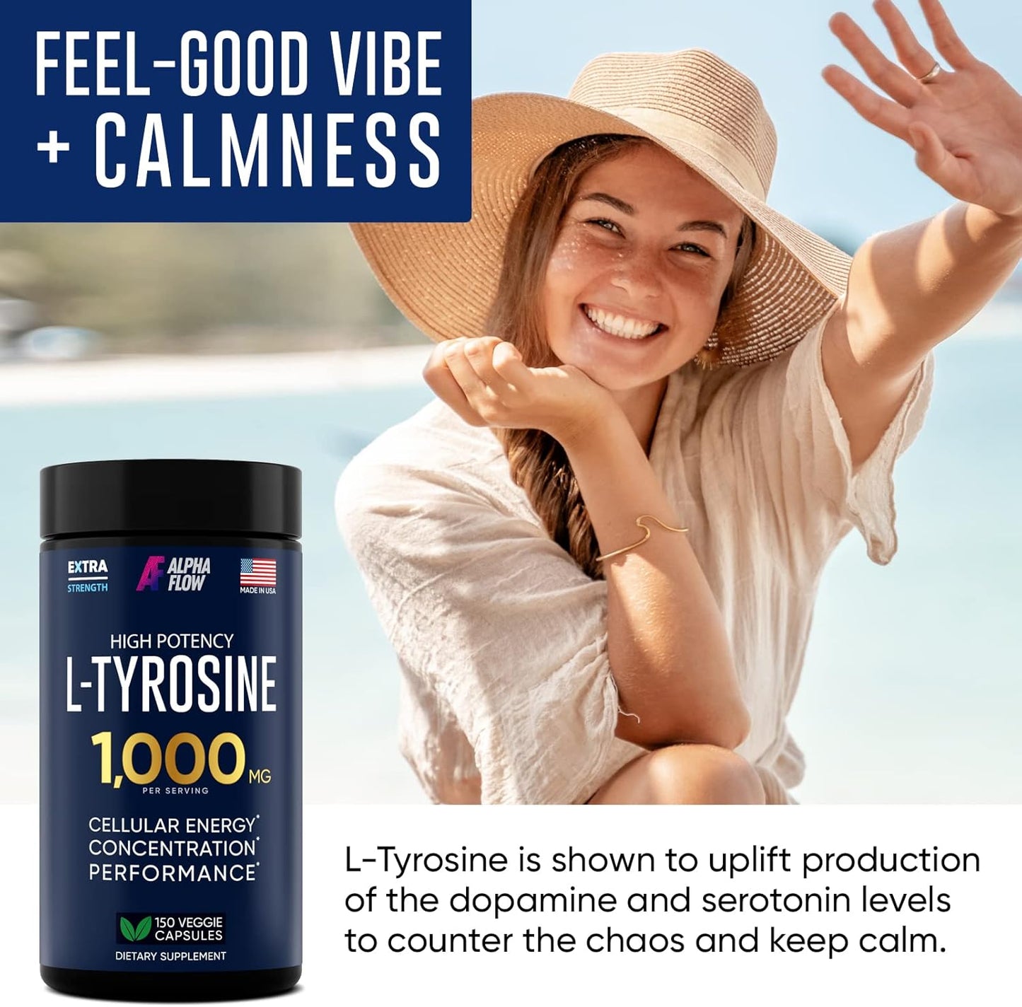 100% Natural Alpha Flow L Tyrosine Capsules for Energy & Focus - 150 Vegan Caps, Non-GMO, Gluten-Free - 1000MG Formula (500mg x 2)