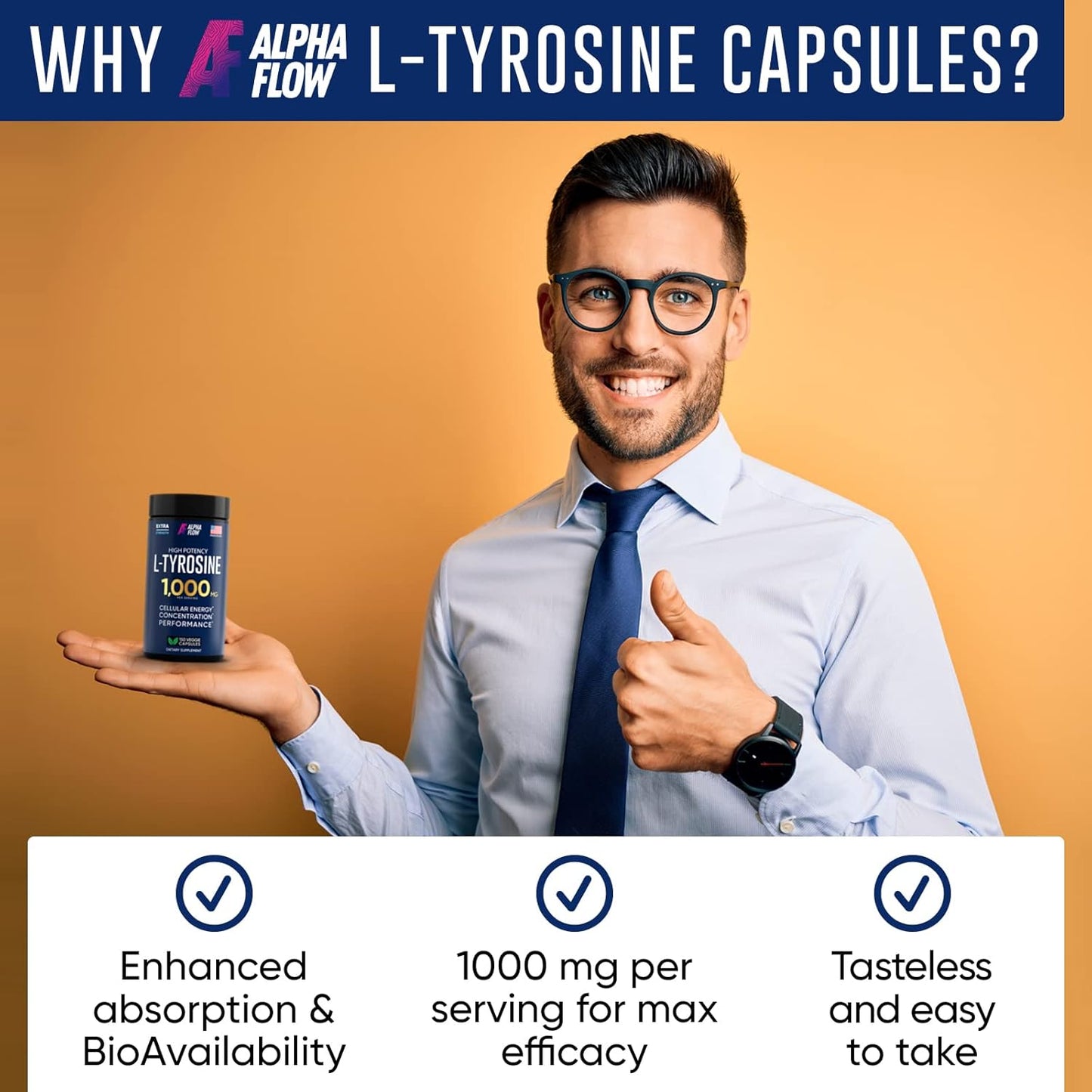 100% Natural Alpha Flow L Tyrosine Capsules for Energy & Focus - 150 Vegan Caps, Non-GMO, Gluten-Free - 1000MG Formula (500mg x 2)