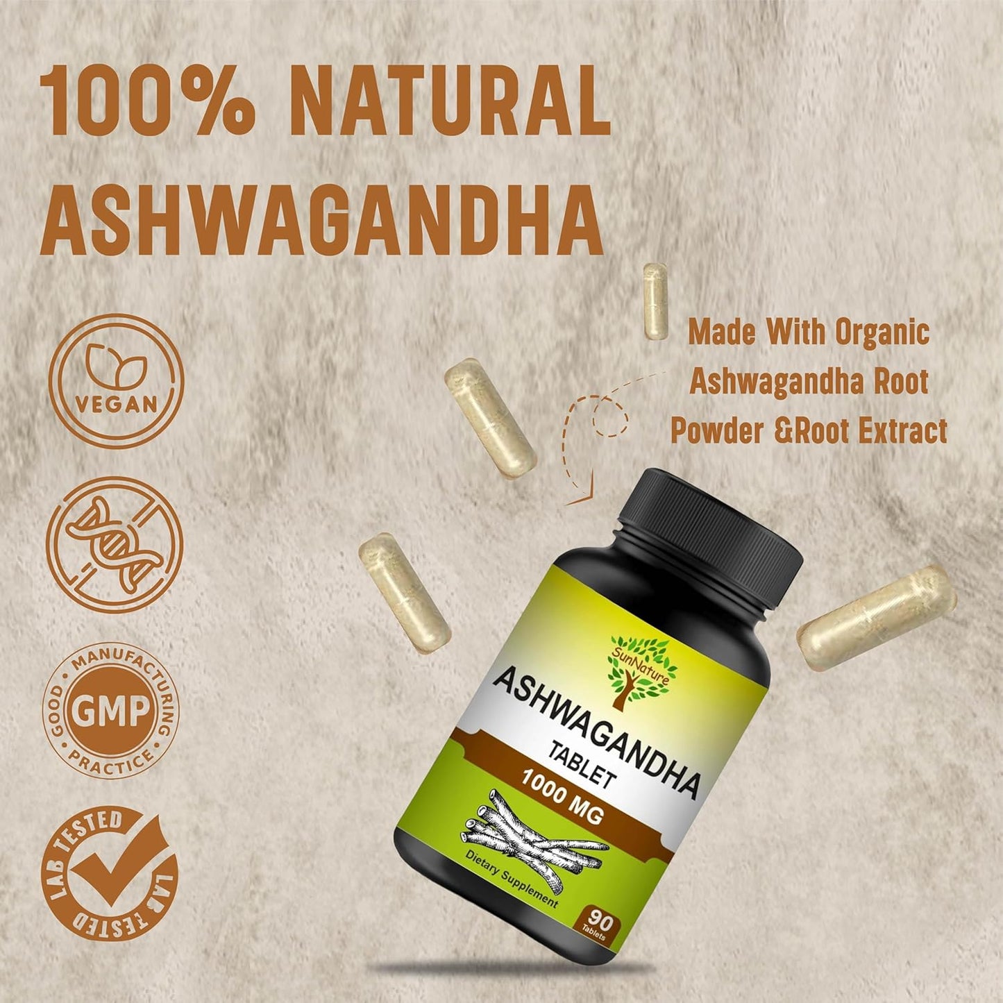 100% Natural Ashwagandha Tablets - 90 Tablets, 1000 mg | Vegan | Made in India | 45 Days Supply